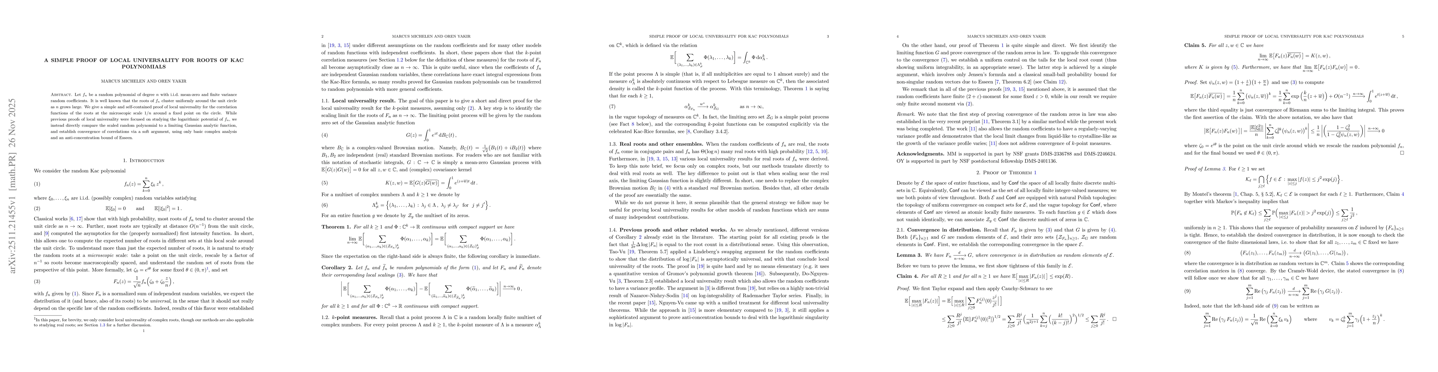 Thumbnail for A simple proof of local universality for roots of Kac polynomials