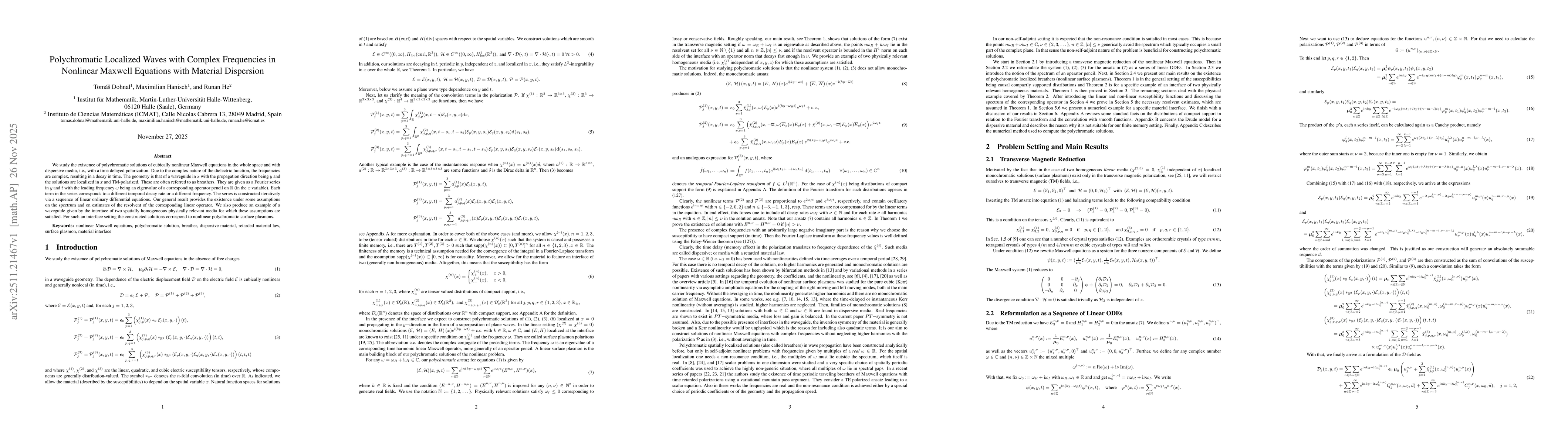 Thumbnail for Polychromatic Localized Waves with Complex Frequencies in Nonlinear Maxwell Equations with Material Dispersion