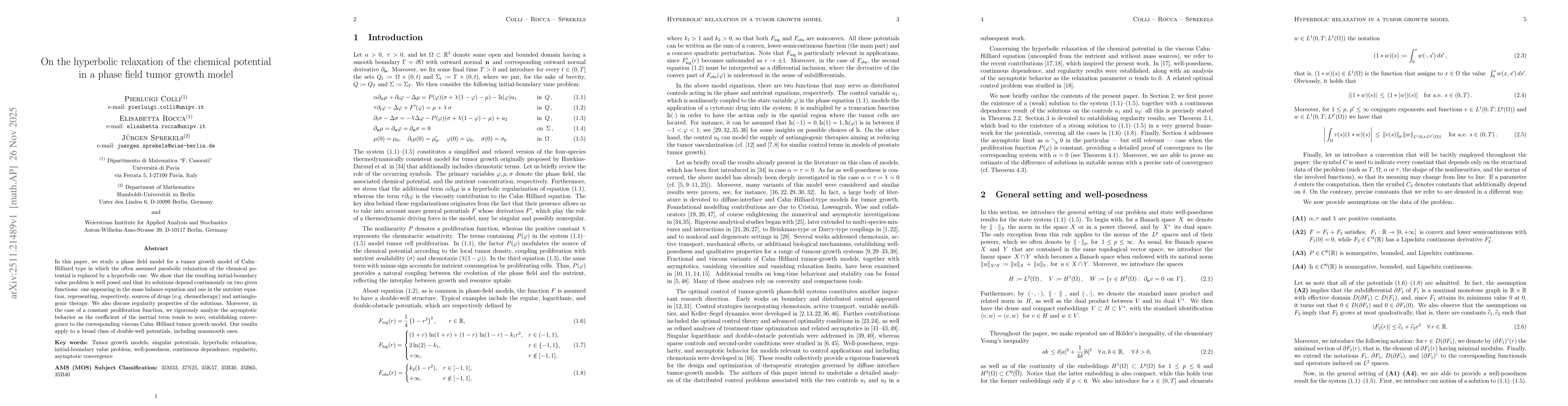 Thumbnail for On the hyperbolic relaxation of the chemical potential in a phase field tumor growth model