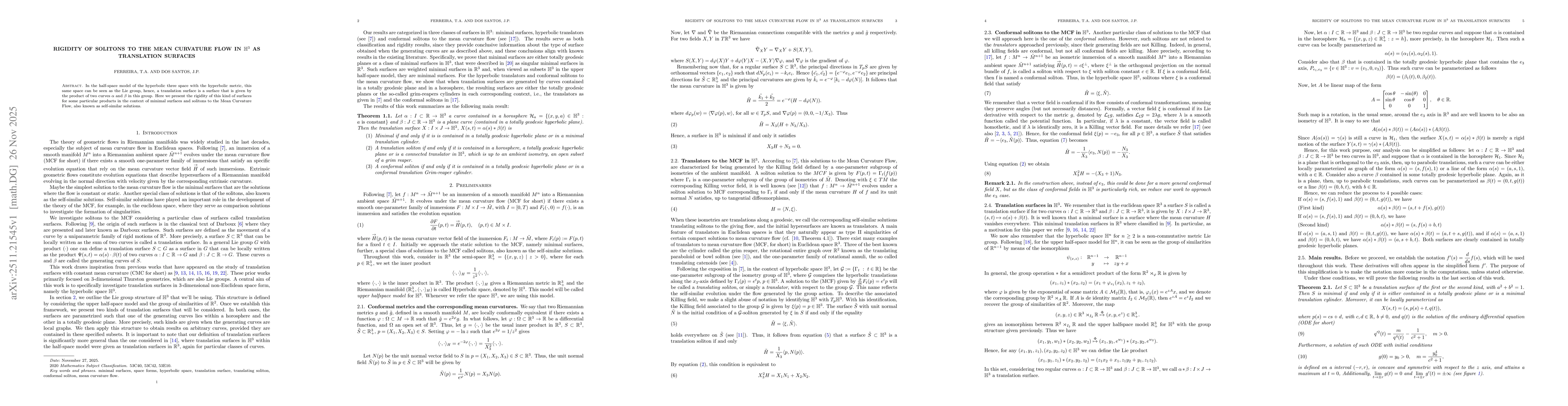 Thumbnail for Rigidity of Solitons to the Mean Curvature Flow in $\mathbb{H}^3$ as Translation Surfaces