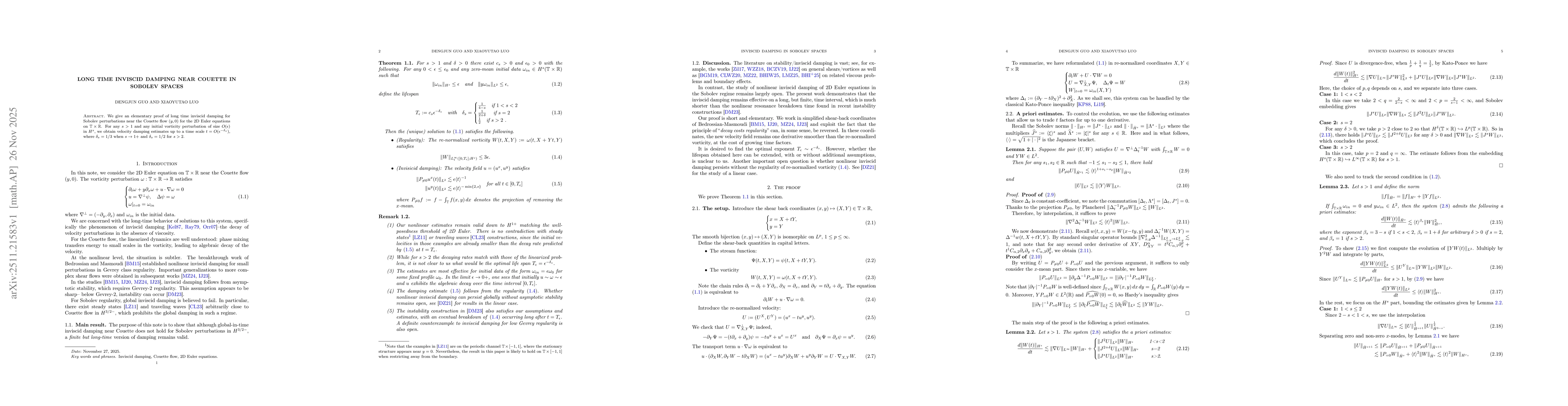 Thumbnail for Long time inviscid damping near Couette in Sobolev spaces