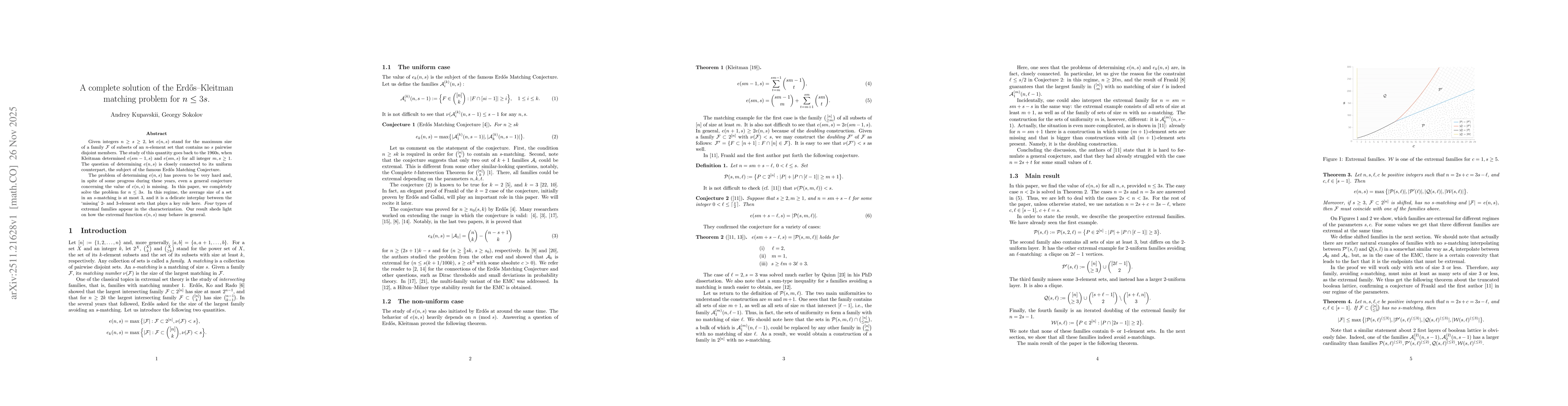 Thumbnail for A complete solution of the Erdős-Kleitman matching problem for $n\le 3s$