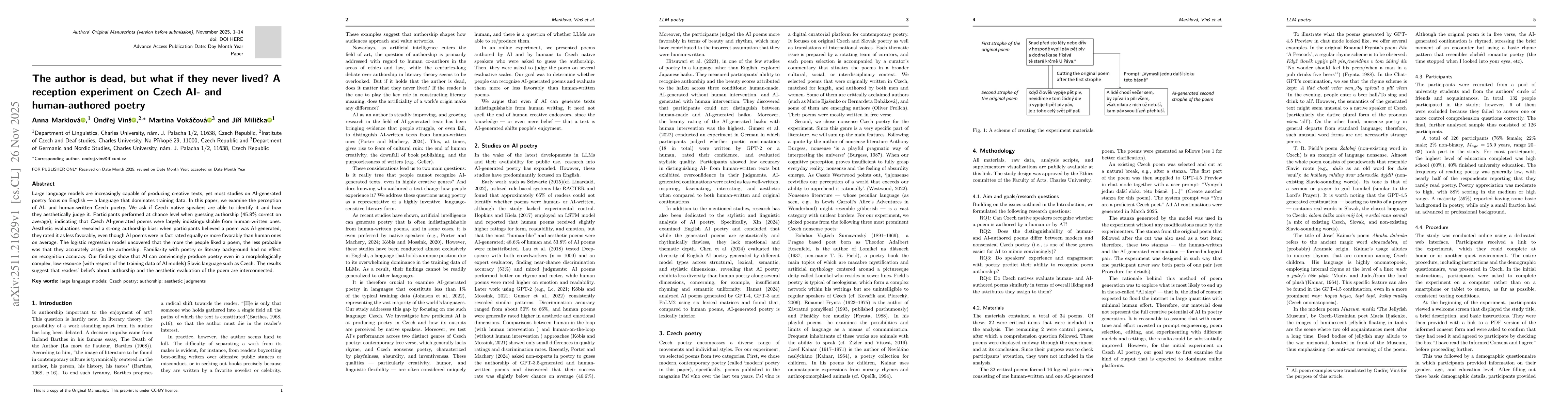 Thumbnail for The author is dead, but what if they never lived? A reception experiment on Czech AI- and human-authored poetry
