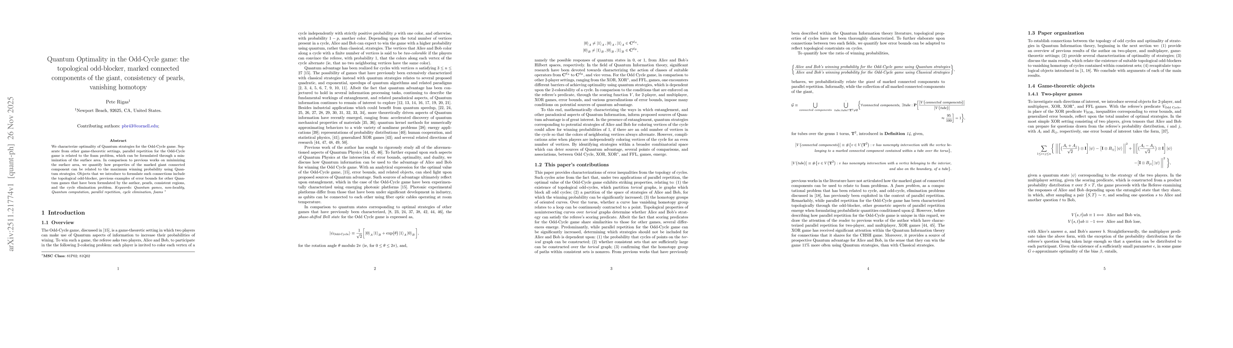 Thumbnail for Quantum Optimality in the Odd-Cycle game: the topological odd-blocker, marked connected components of the giant, consistency of pearls, vanishing homotopy