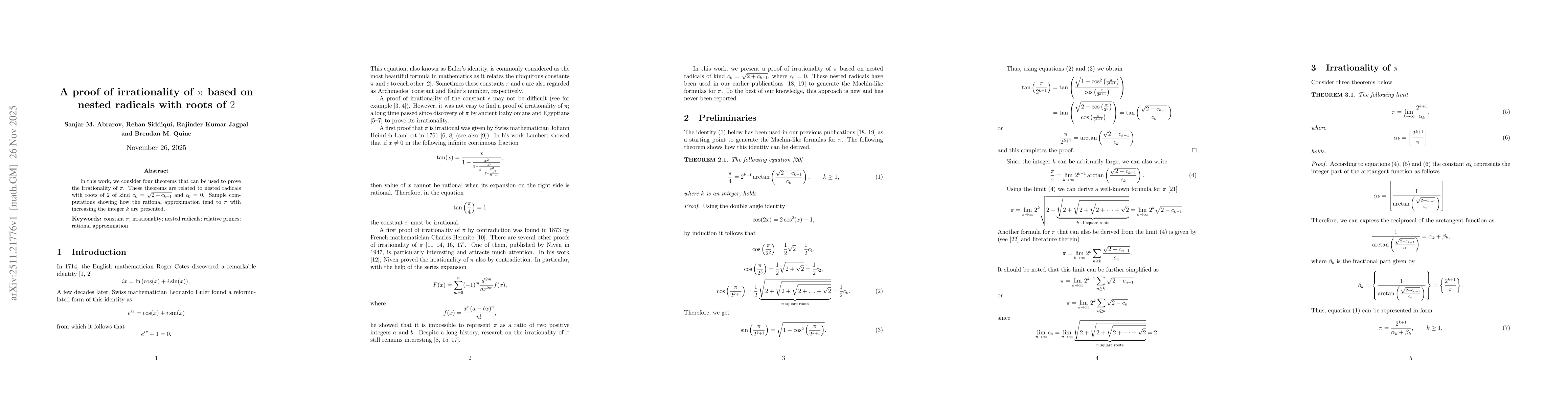 Thumbnail for A proof of irrationality of $π$ based on nested radicals with roots of $2$