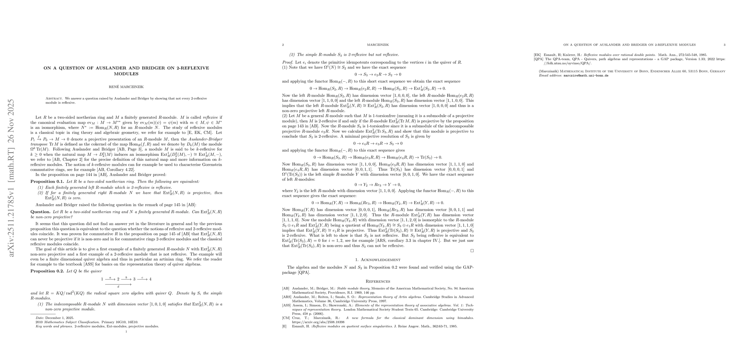 Thumbnail for On a question of Auslander and Bridger on 2-reflexive modules