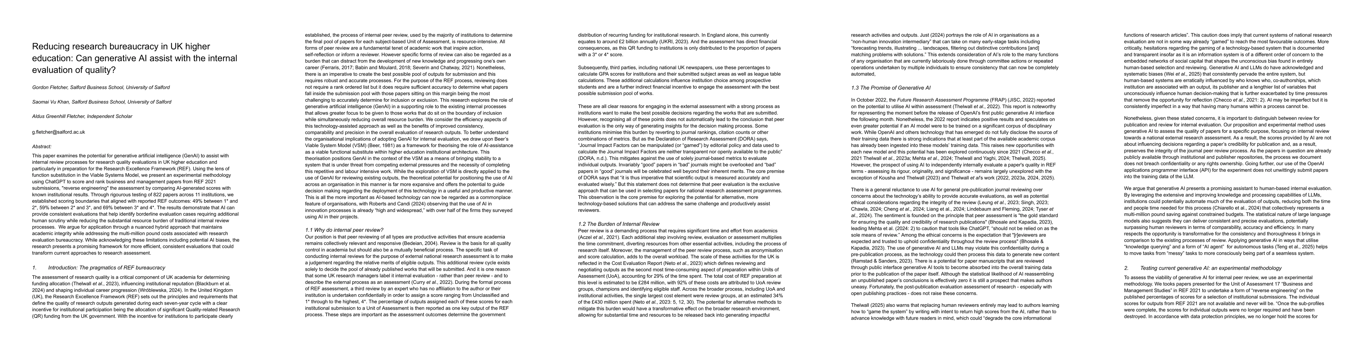 Thumbnail for Reducing research bureaucracy in UK higher education: Can generative AI assist with the internal evaluation of quality?