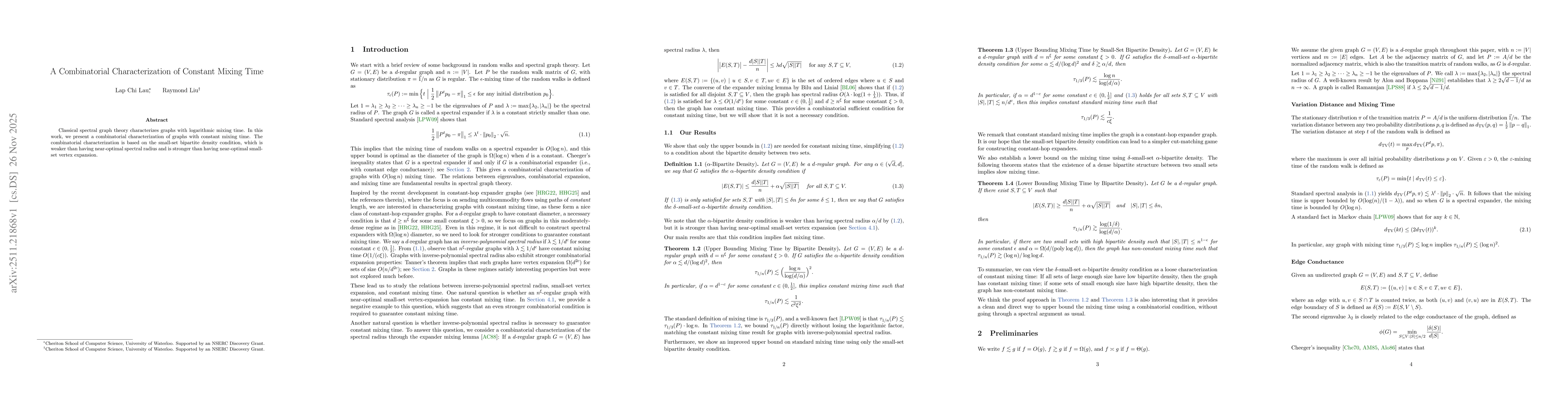 Thumbnail for A Combinatorial Characterization of Constant Mixing Time