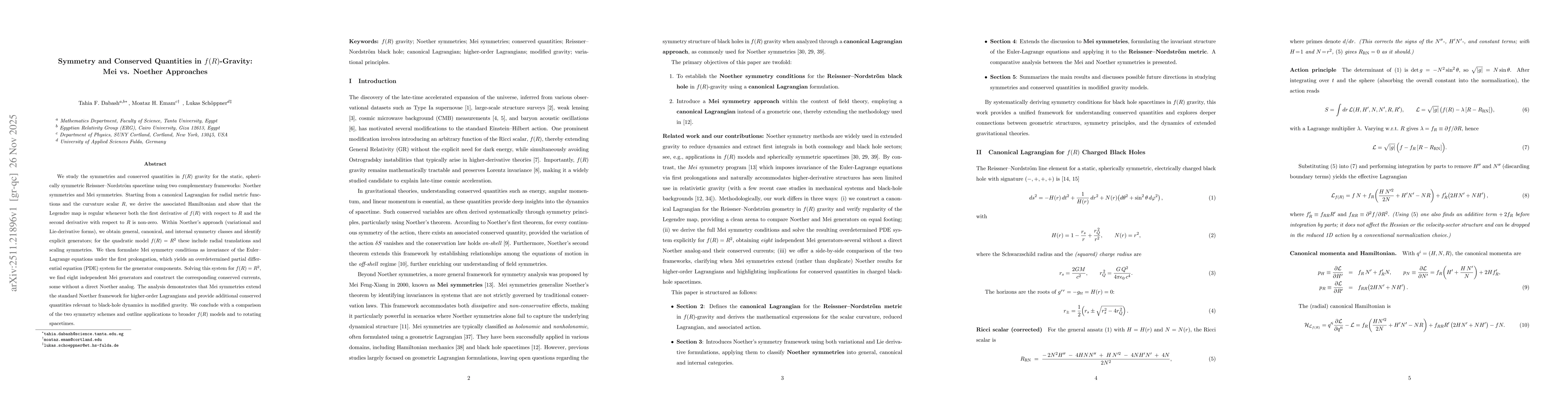 Thumbnail for Symmetry and Conserved Quantities in $f(R)$-Gravity: Mei vs. Noether Approaches