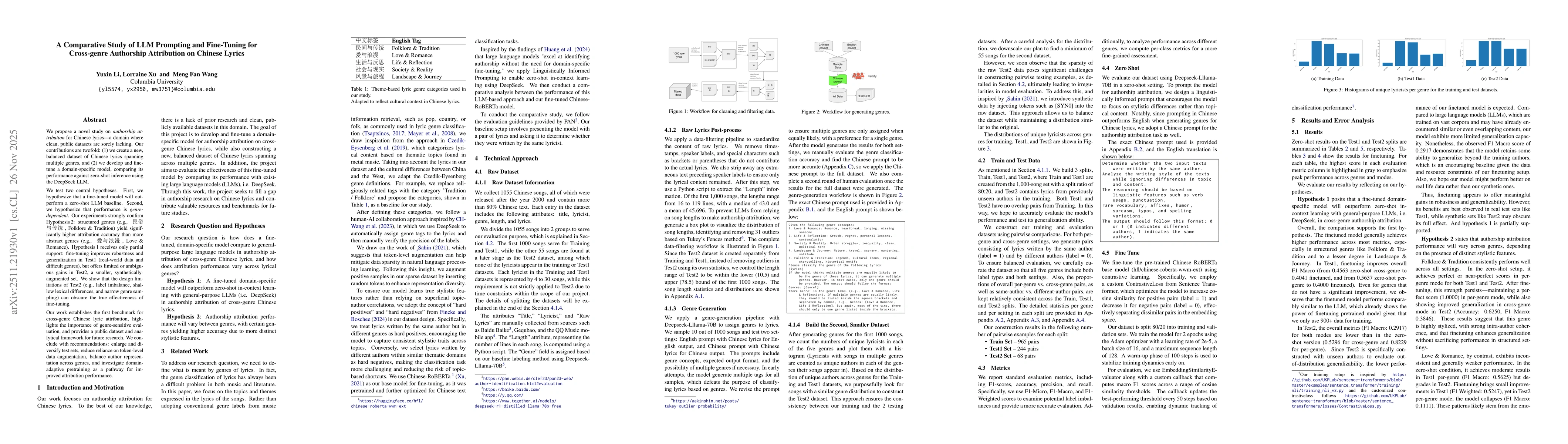 Thumbnail for A Comparative Study of LLM Prompting and Fine-Tuning for Cross-genre Authorship Attribution on Chinese Lyrics