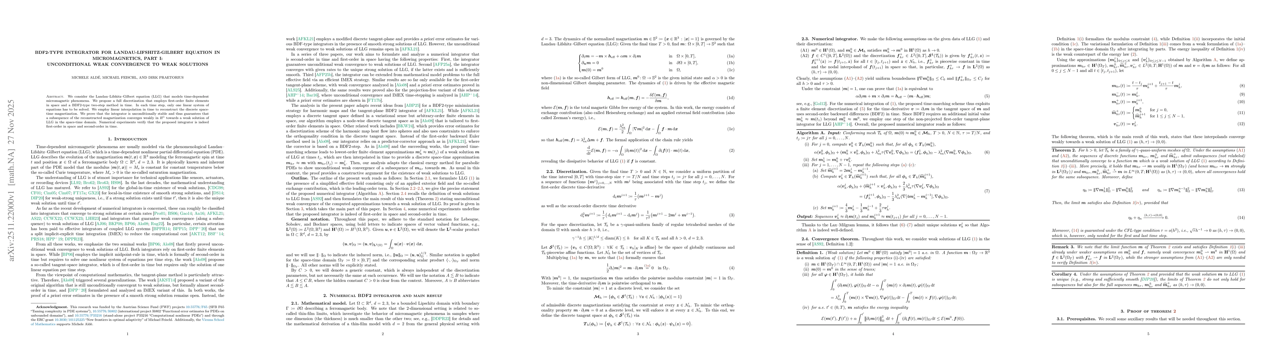 Thumbnail for BDF2-type integrator for Landau-Lifshitz-Gilbert equation in micromagnetics, part I: unconditional weak convergence to weak solutions