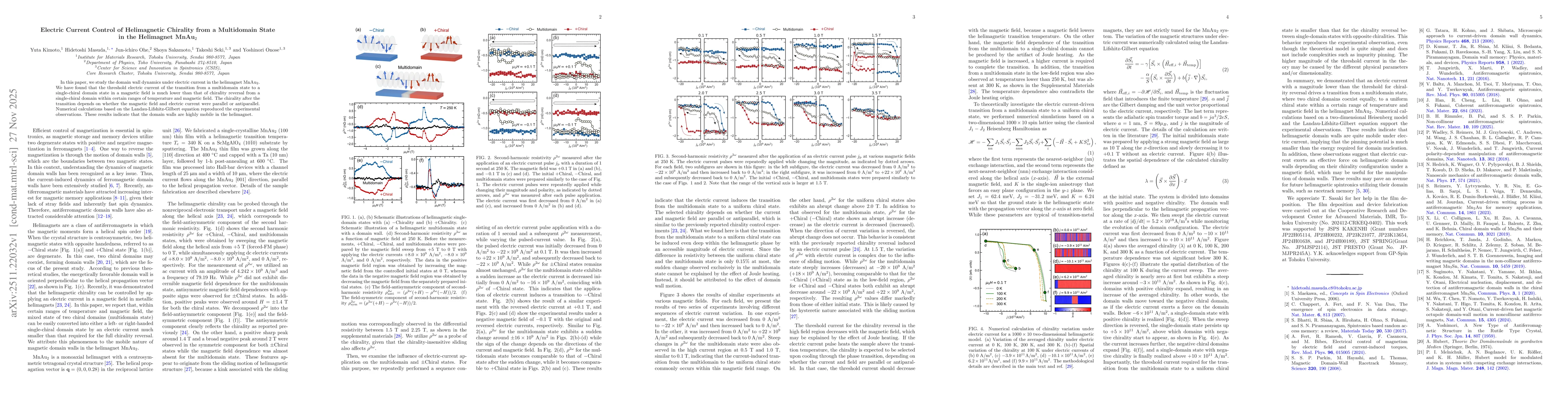 Thumbnail for Electric Current Control of Helimagnetic Chirality from a Multidomain State in the Helimagnet MnAu$_2$
