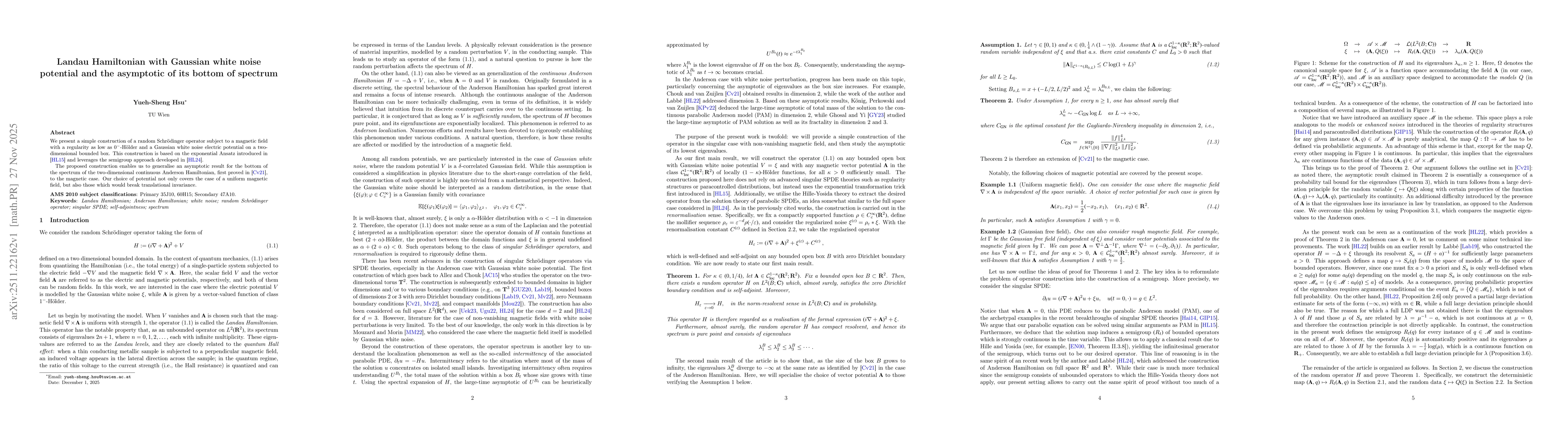 Thumbnail for Landau Hamiltonian with Gaussian white noise potential and the asymptotic of its bottom of spectrum
