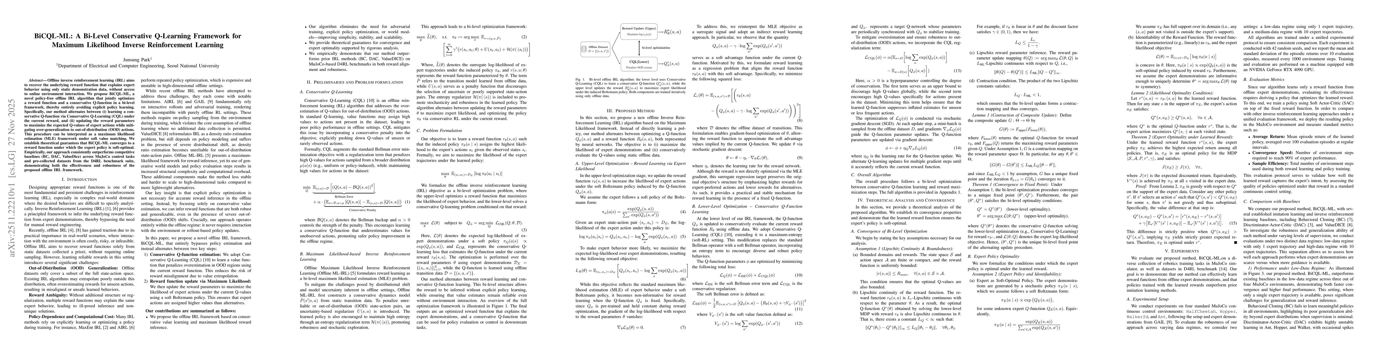Thumbnail for BiCQL-ML: A Bi-Level Conservative Q-Learning Framework for Maximum Likelihood Inverse Reinforcement Learning