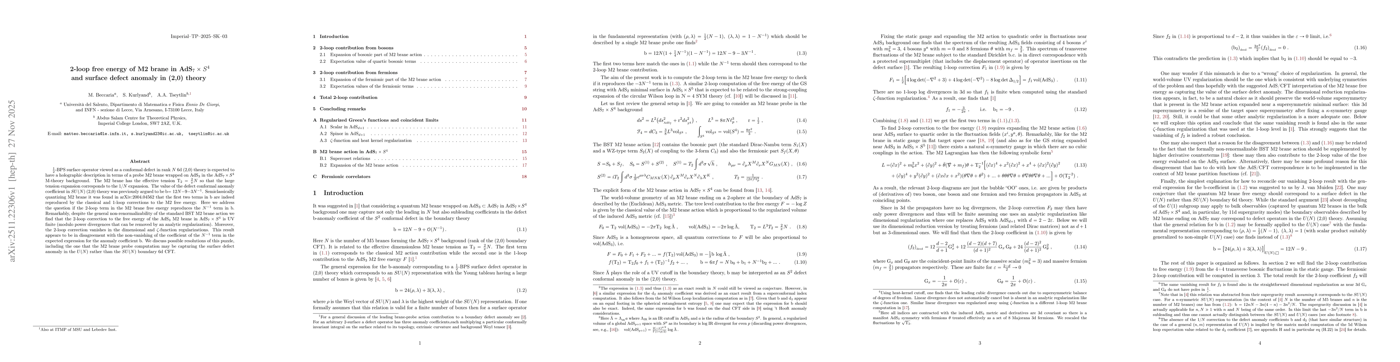 Thumbnail for 2-loop free energy of M2 brane in AdS$_7 \times$ S$^4$ and surface defect anomaly in (2,0) theory