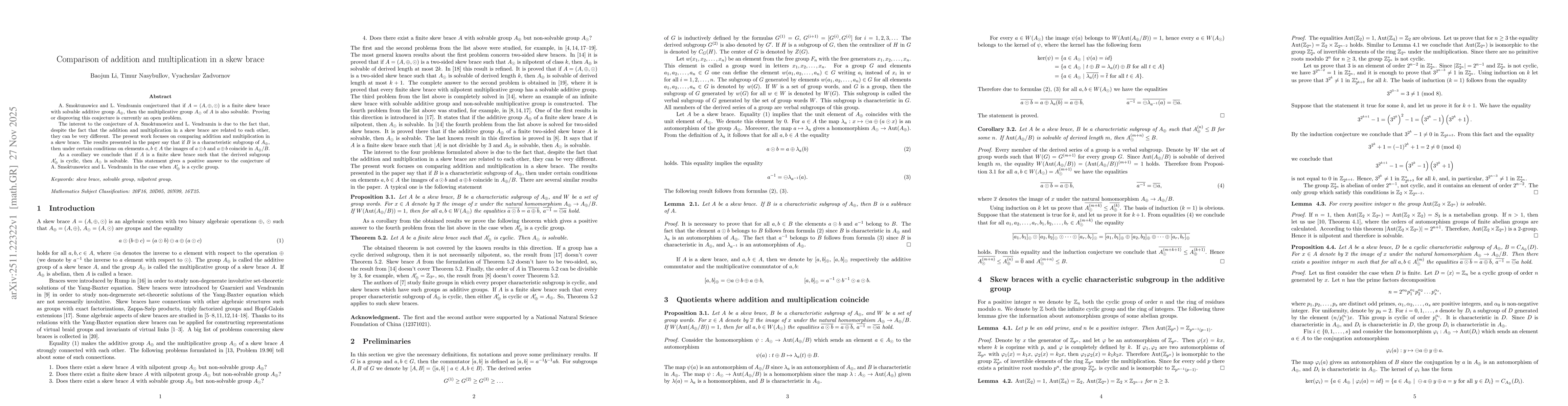 Thumbnail for Comparison of addition and multiplication in a skew brace