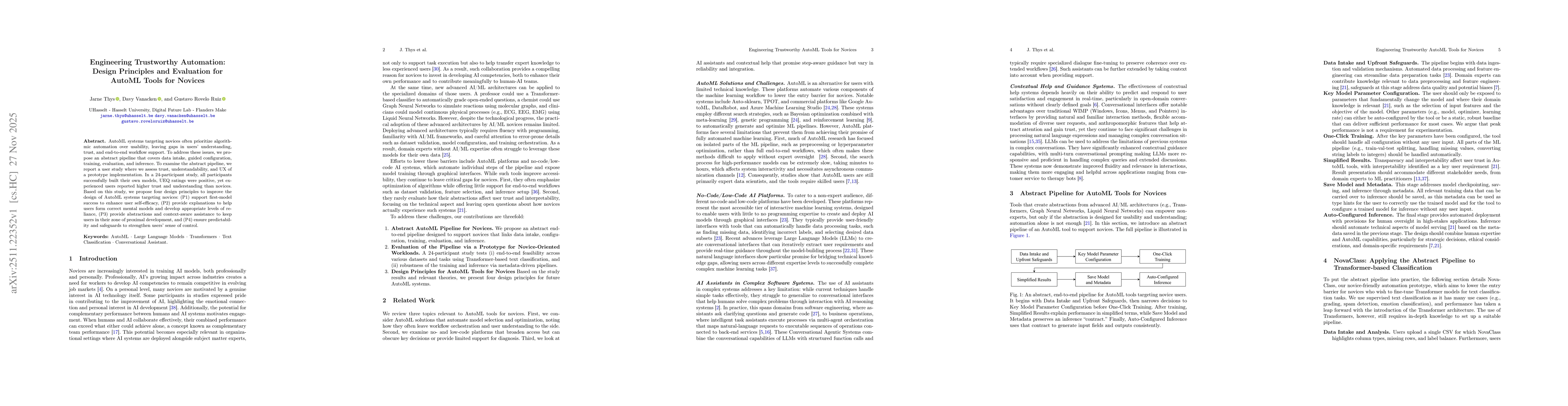 Thumbnail for Engineering Trustworthy Automation: Design Principles and Evaluation for AutoML Tools for Novices