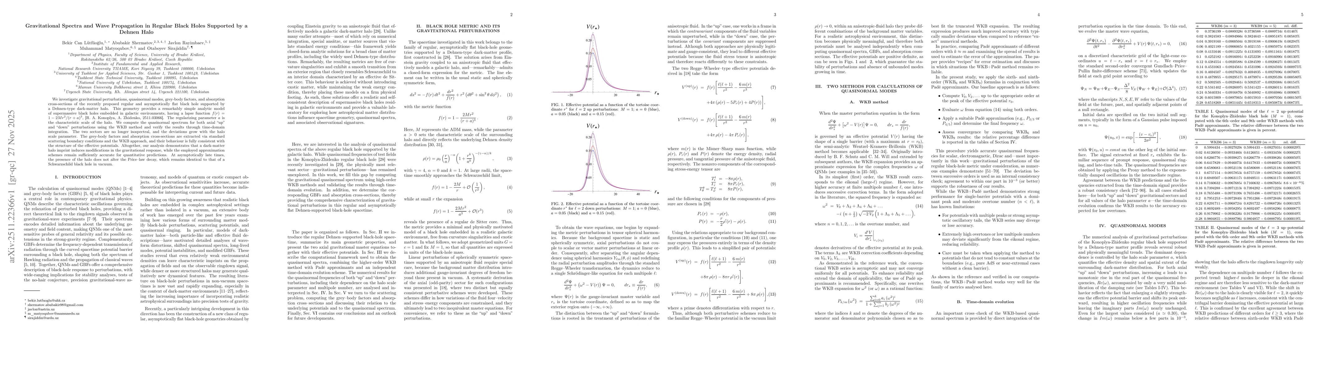 Thumbnail for Gravitational Spectra and Wave Propagation in Regular Black Holes Supported by a Dehnen Halo