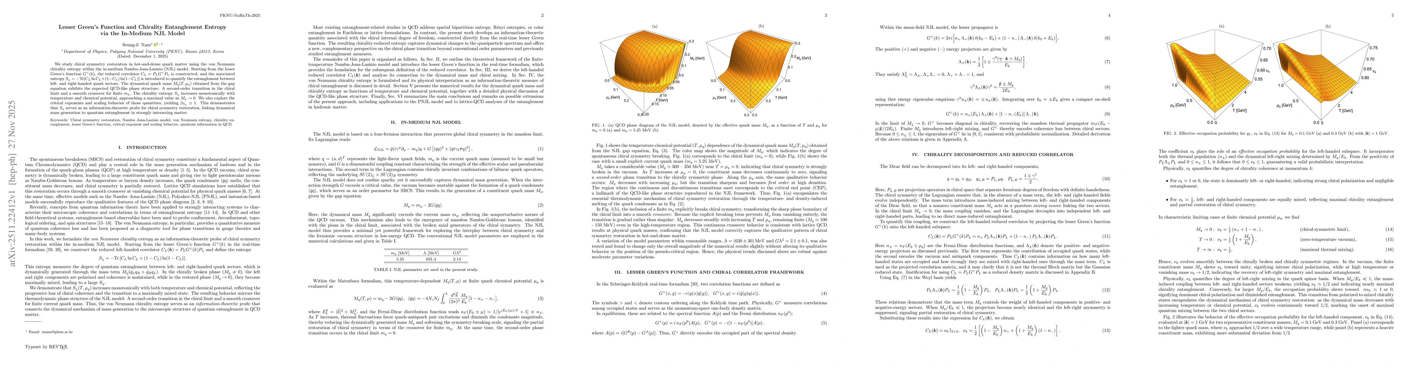 Thumbnail for Lesser Green's Function and Chirality Entanglement Entropy via the In-Medium NJL Model