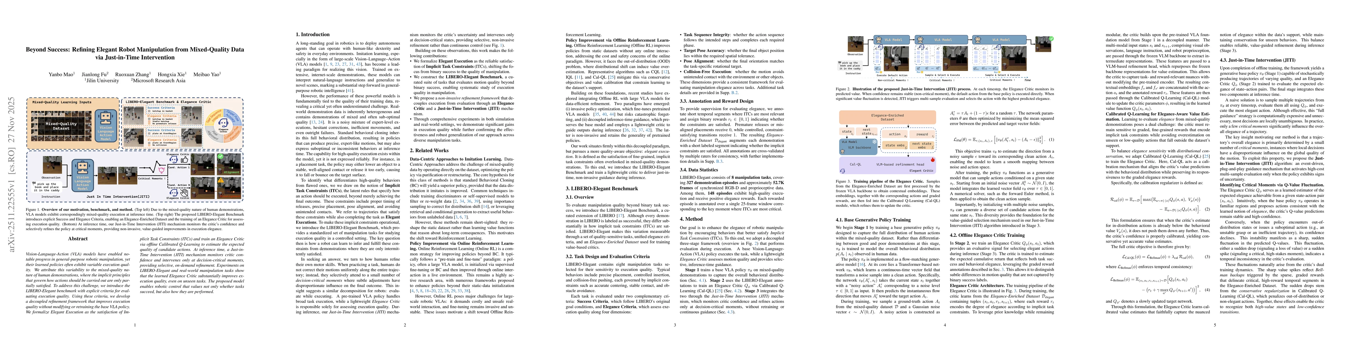 Thumbnail for Beyond Success: Refining Elegant Robot Manipulation from Mixed-Quality Data via Just-in-Time Intervention