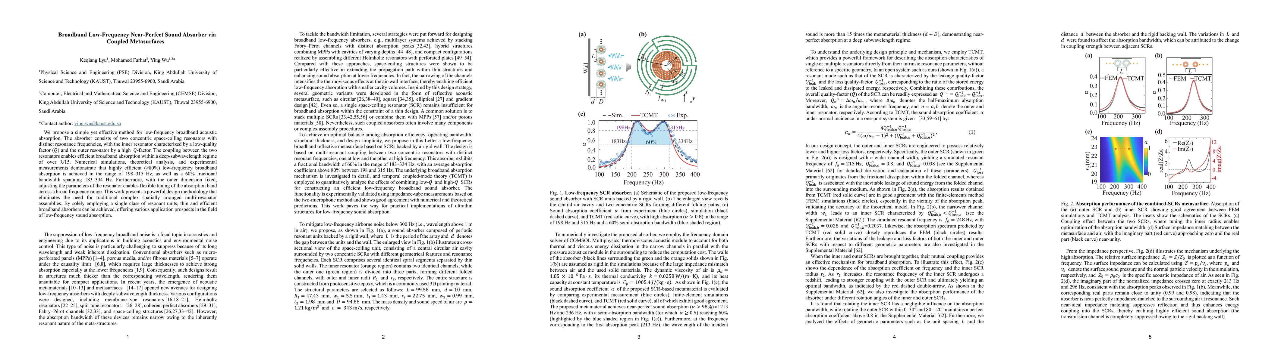 Thumbnail for Broadband Low-Frequency Near-Perfect Sound Absorber via Coupled Metasurfaces