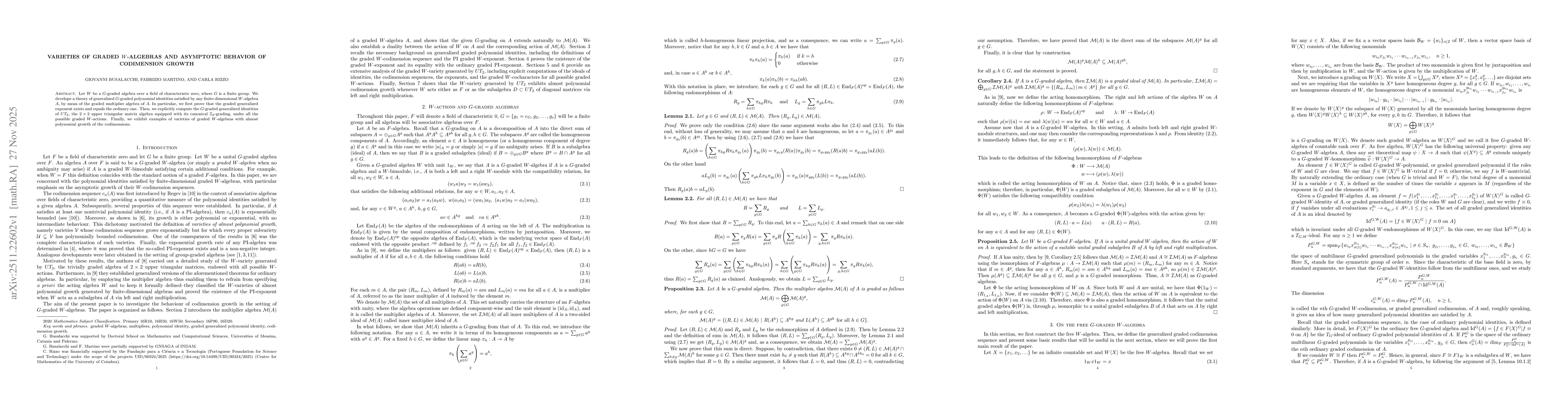 Thumbnail for Varieties of graded $W$-algebras and asymptotic behavior of codimension growth