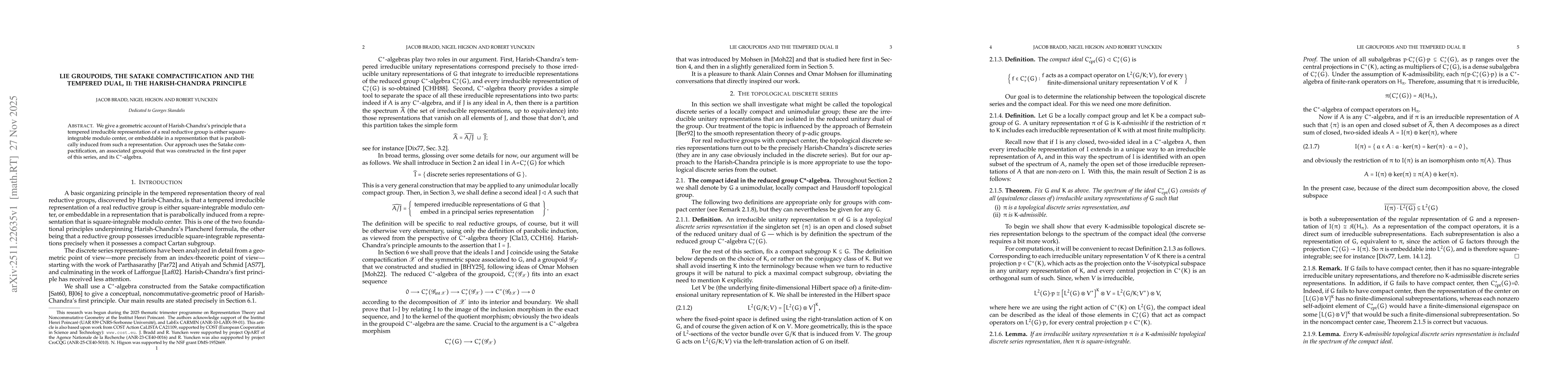 Thumbnail for Lie groupoids, the Satake compactification and the tempered dual, II: The Harish-Chandra principle
