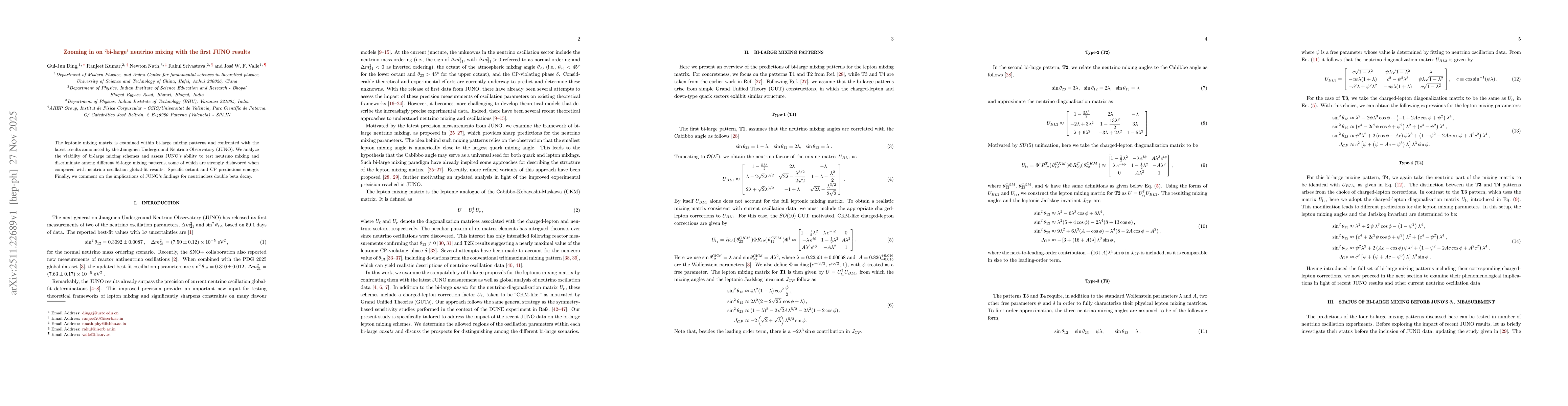 Thumbnail for Zooming in on `bi-large' neutrino mixing with the first JUNO results