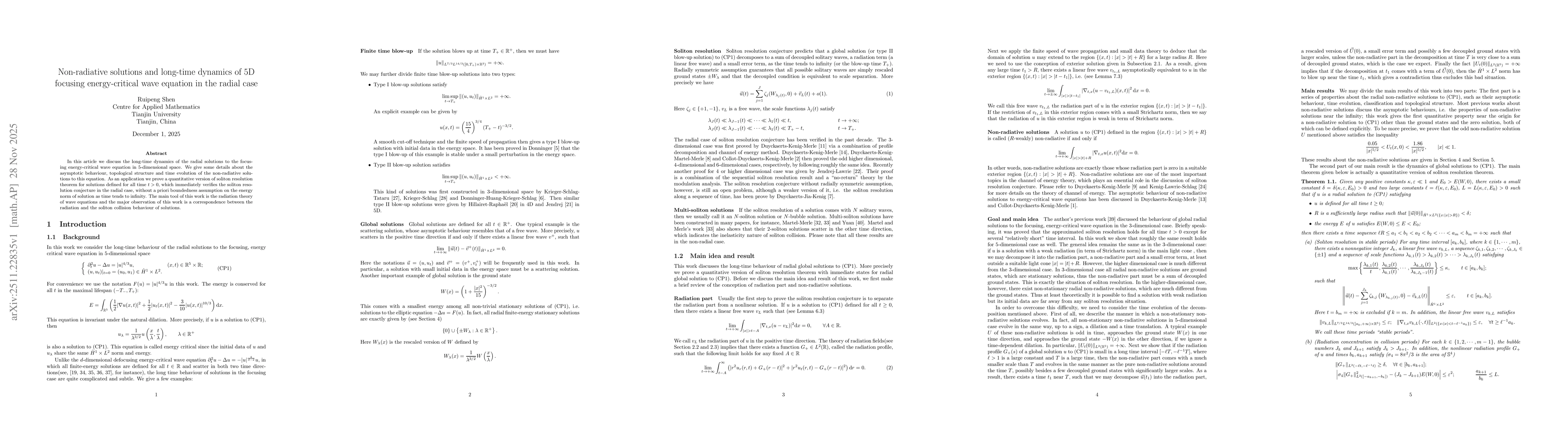 Thumbnail for Non-radiative solutions and long-time dynamics of 5D focusing energy-critical wave equation in the radial case