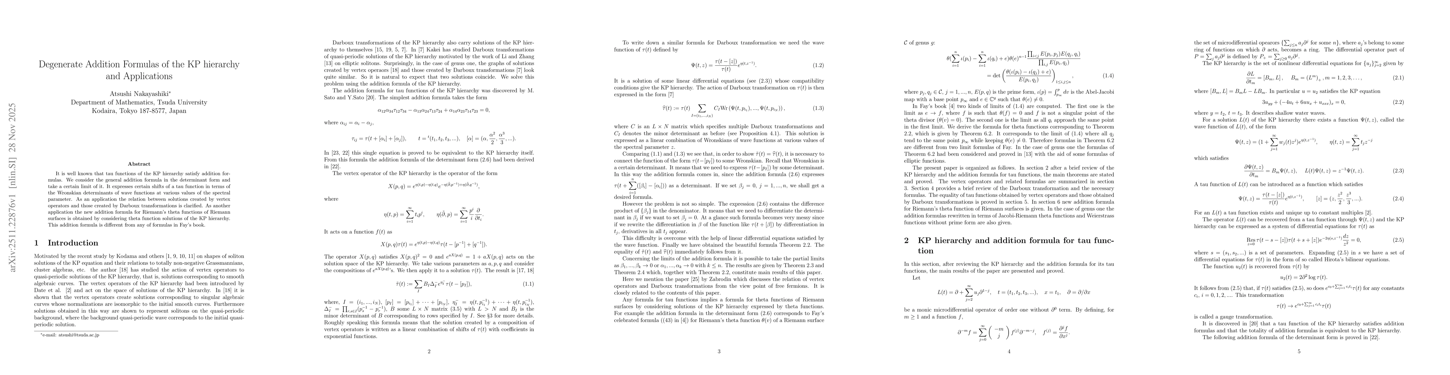 Thumbnail for Degenerate Addition Formulas of the KP hierarchy and Applications