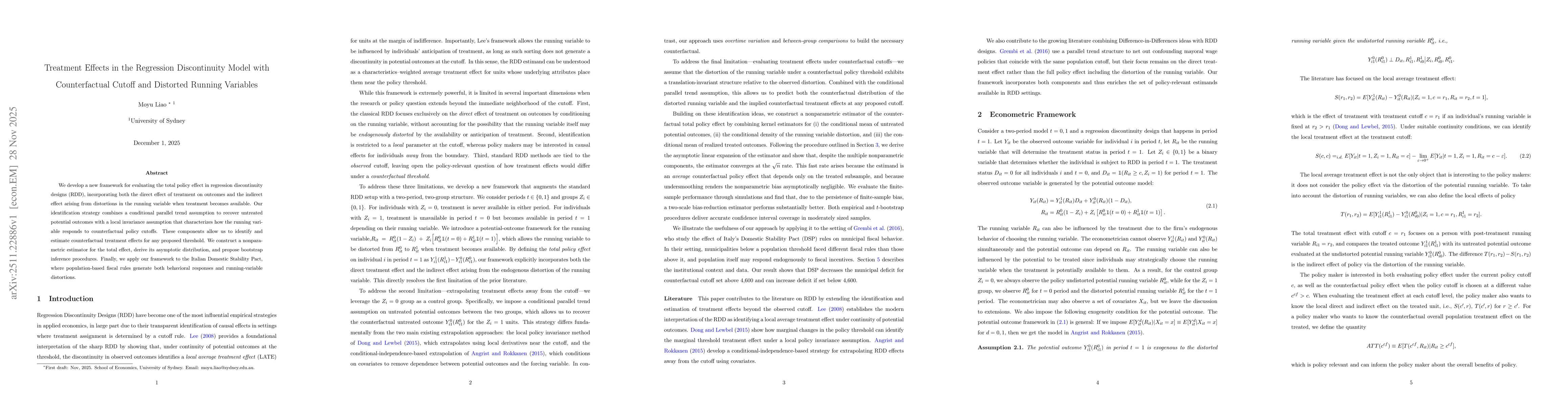 Thumbnail for Treatment Effects in the Regression Discontinuity Model with Counterfactual Cutoff and Distorted Running Variables