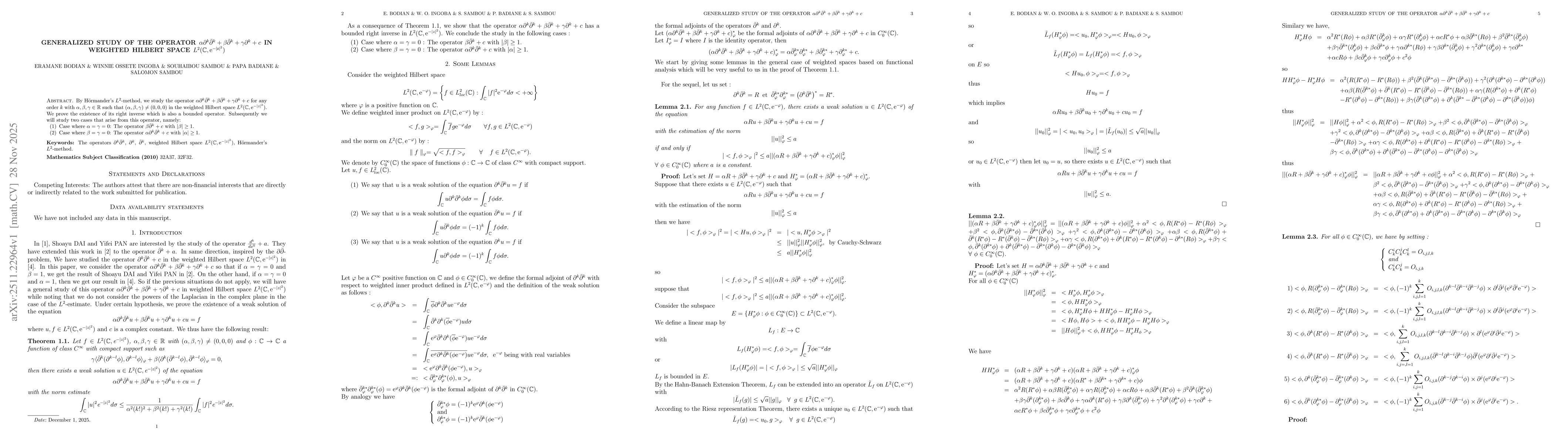 Thumbnail for Generalized study of the operator $α\partial^k \bar{\partial}^{k} + β\bar{\partial}^k +γ\partial^k + c$ in weighted Hilbert space $L^2(\mathbb{C}, \mathrm{e}^{-|z|^2})$