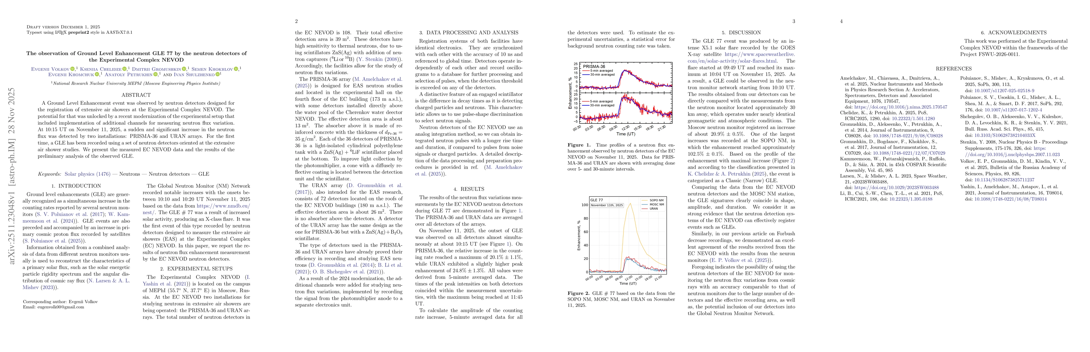 Thumbnail for The observation of Ground Level Enhancement GLE 77 by the neutron detectors of the Experimental Complex NEVOD