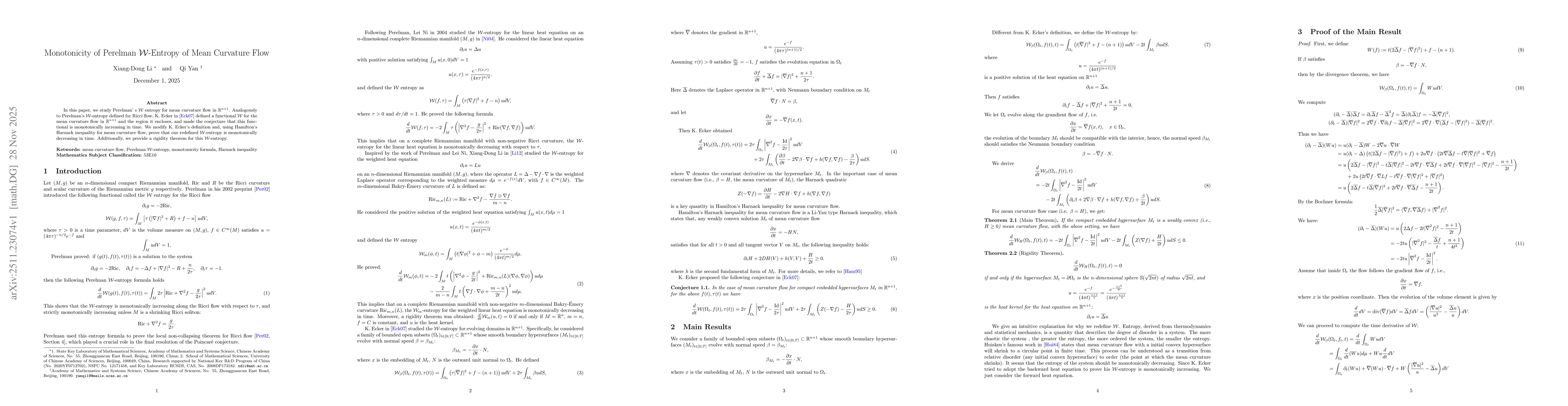 Thumbnail for Monotonicity of Perelman $\mathcal{W}$-Entropy of Mean Curvature Flow