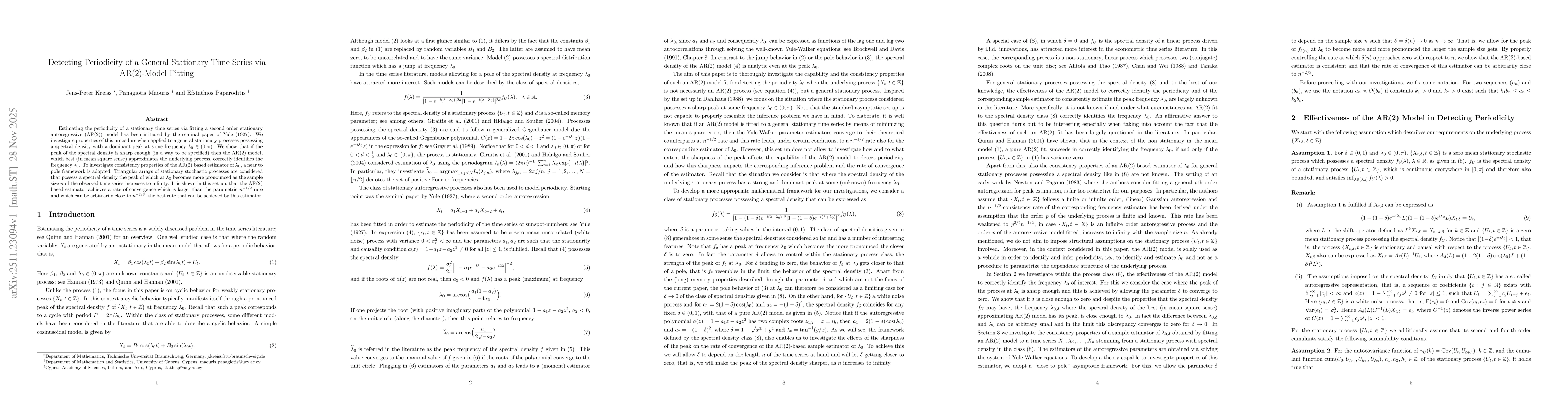 Thumbnail for Detecting Periodicity of a General Stationary Time Series via AR(2)-Model Fitting