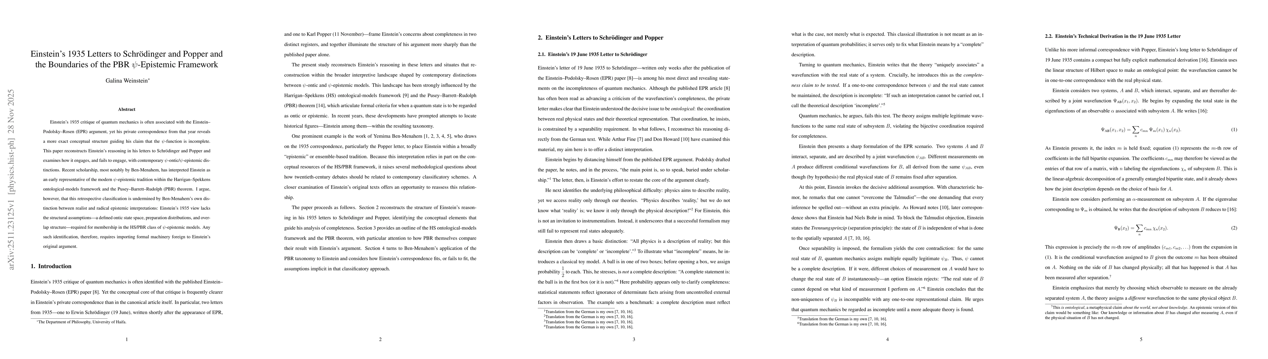 Thumbnail for Einstein's 1935 Letters to Schrödinger and Popper and the Boundaries of the PBR $ψ$-Epistemic Framework