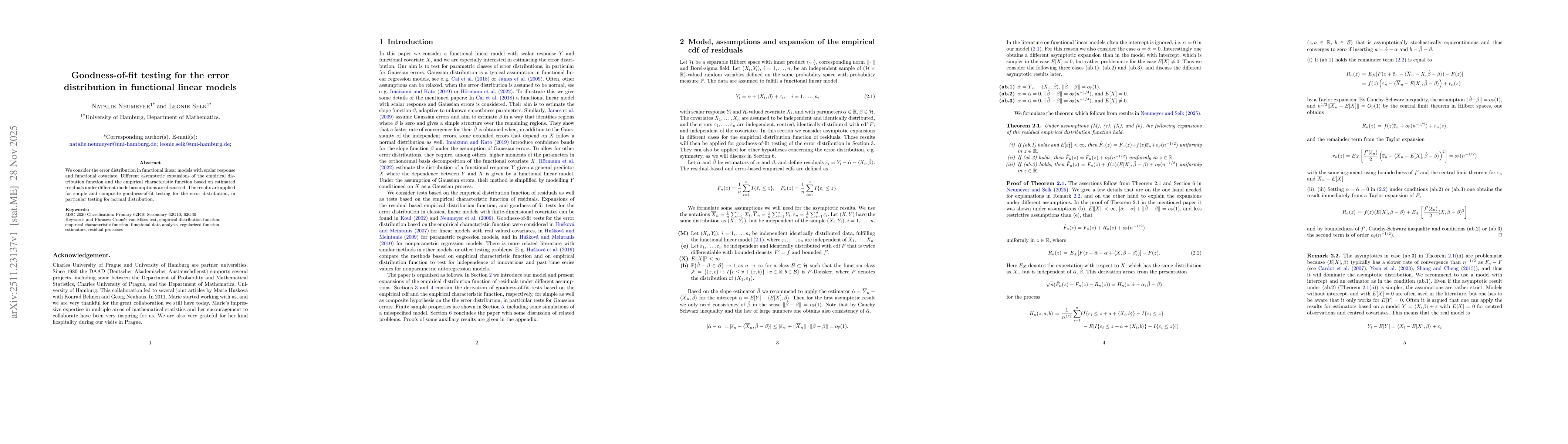 Thumbnail for Goodness-of-fit testing for the error distribution in functional linear models