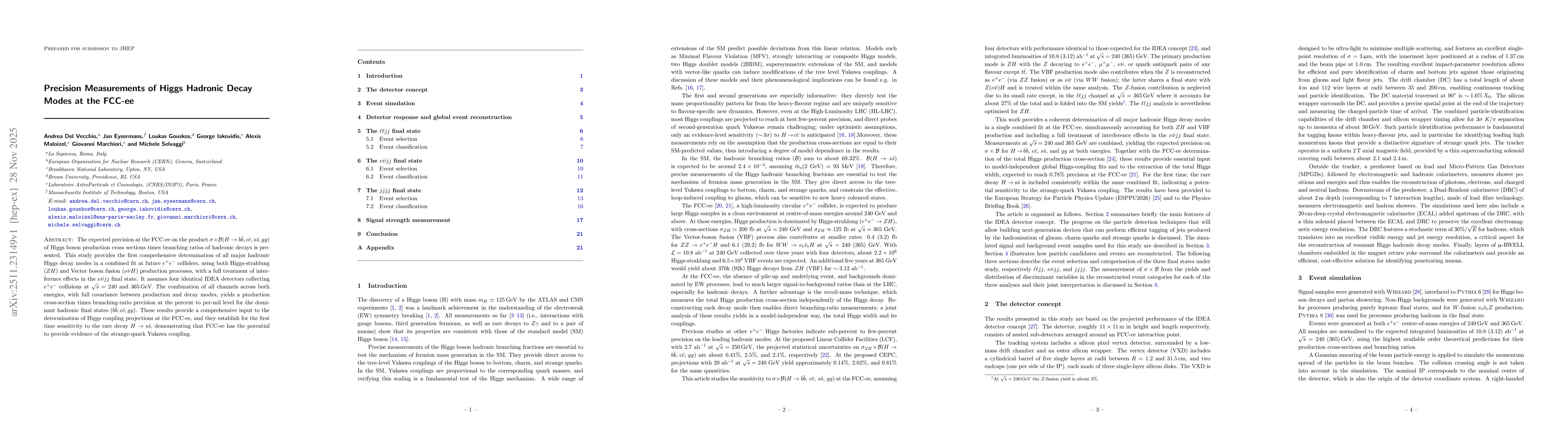 Thumbnail for Precision Measurements of Higgs Hadronic Decay Modes at the FCC-ee