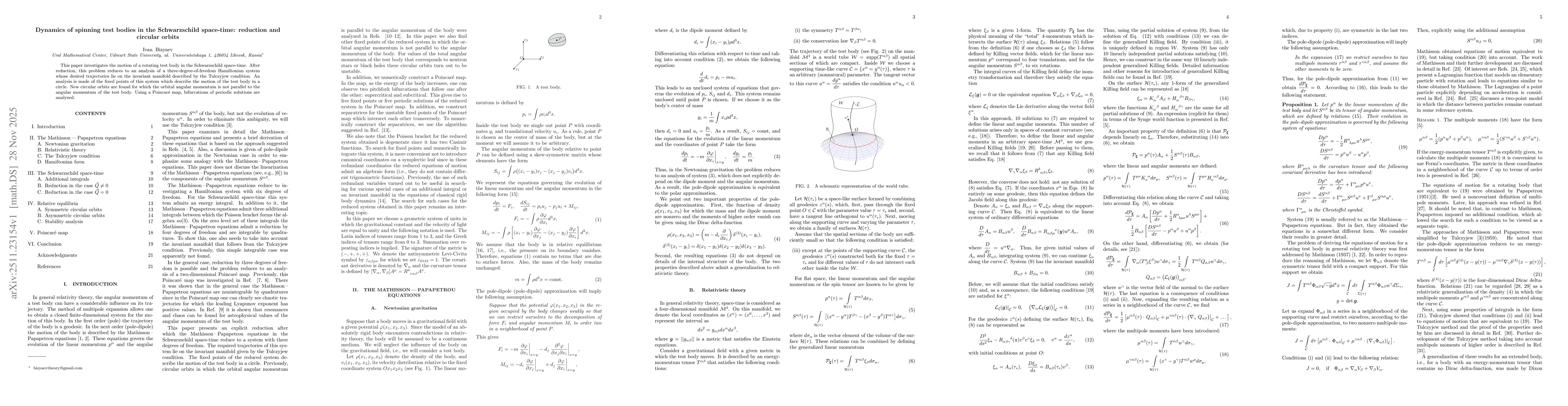Thumbnail for Dynamics of spinning test bodies in the Schwarzschild space-time: reduction and circular orbits