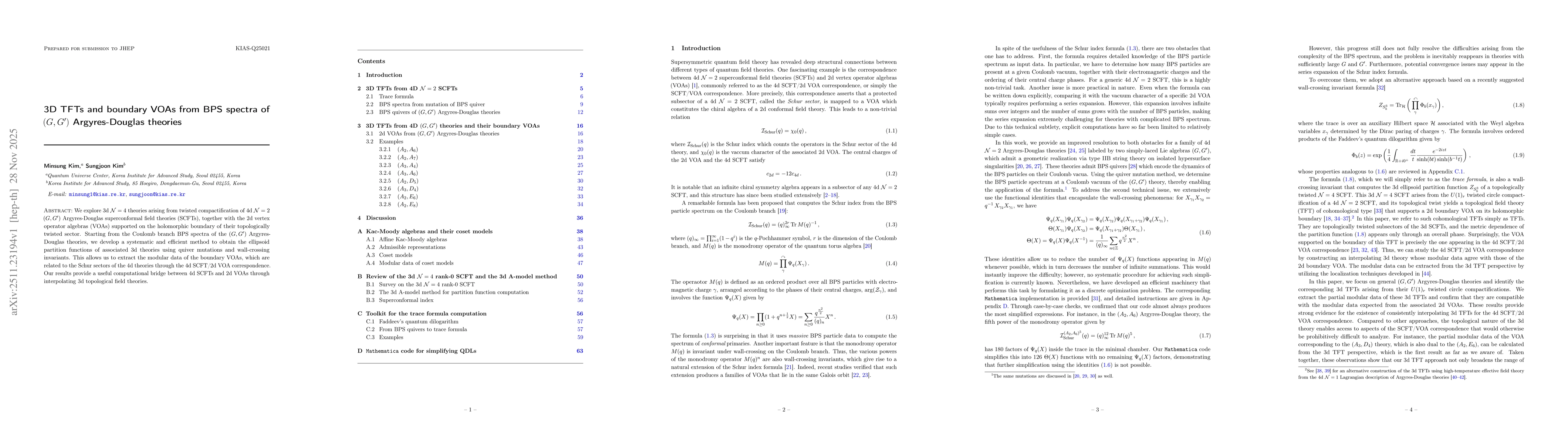 Thumbnail for 3D TFTs and boundary VOAs from BPS spectra of $(G,G')$ Argyres-Douglas theories