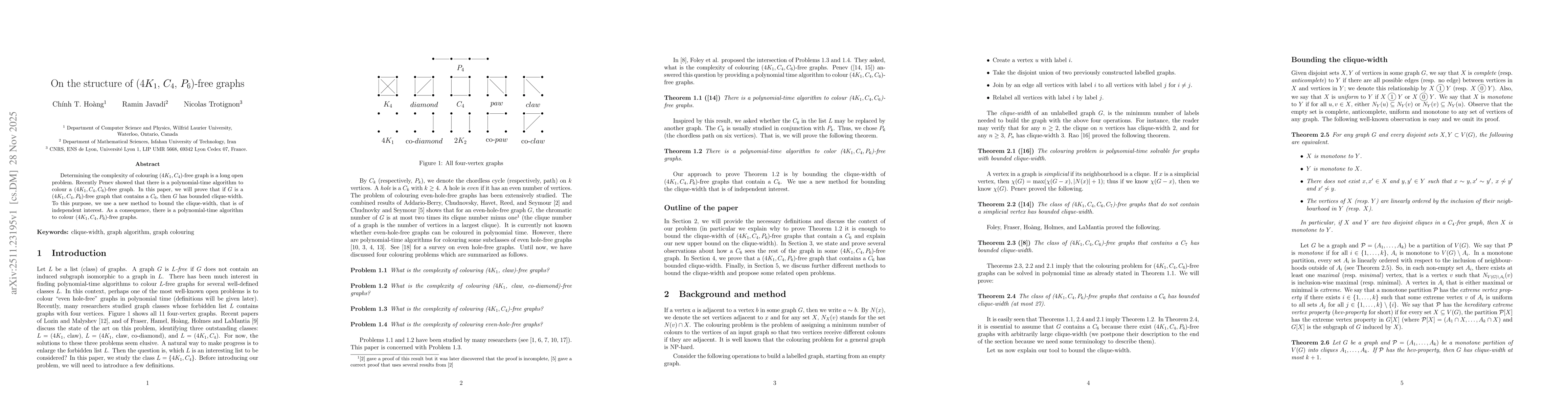 Thumbnail for On the structure of ($4K_1$, $C_4$, $P_6$)-free graphs
