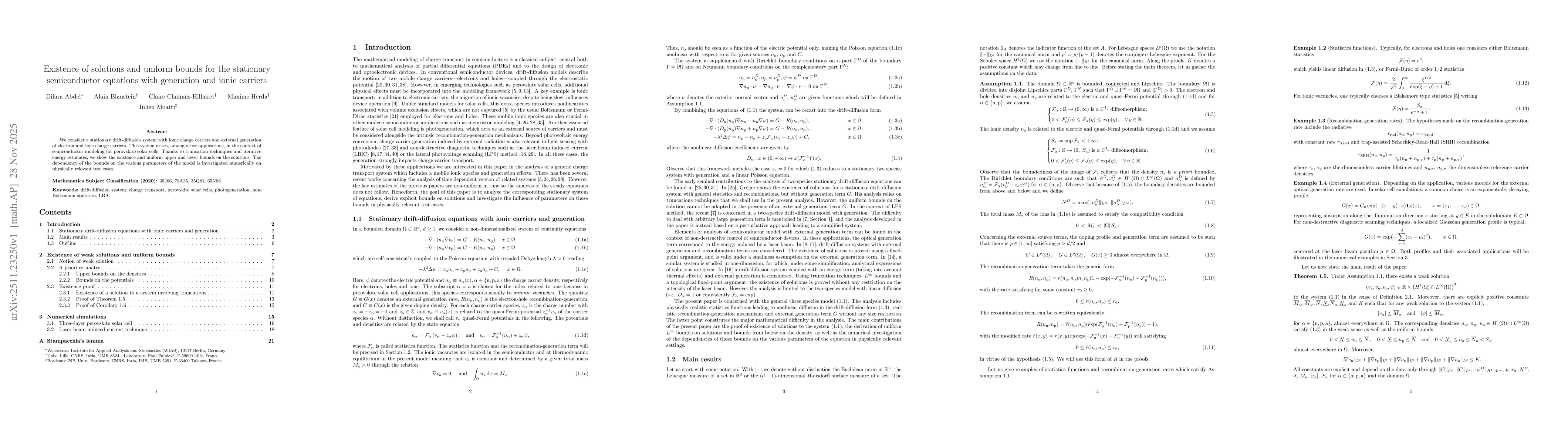 Thumbnail for Existence of solutions and uniform bounds for the stationary semiconductor equations with generation and ionic carriers