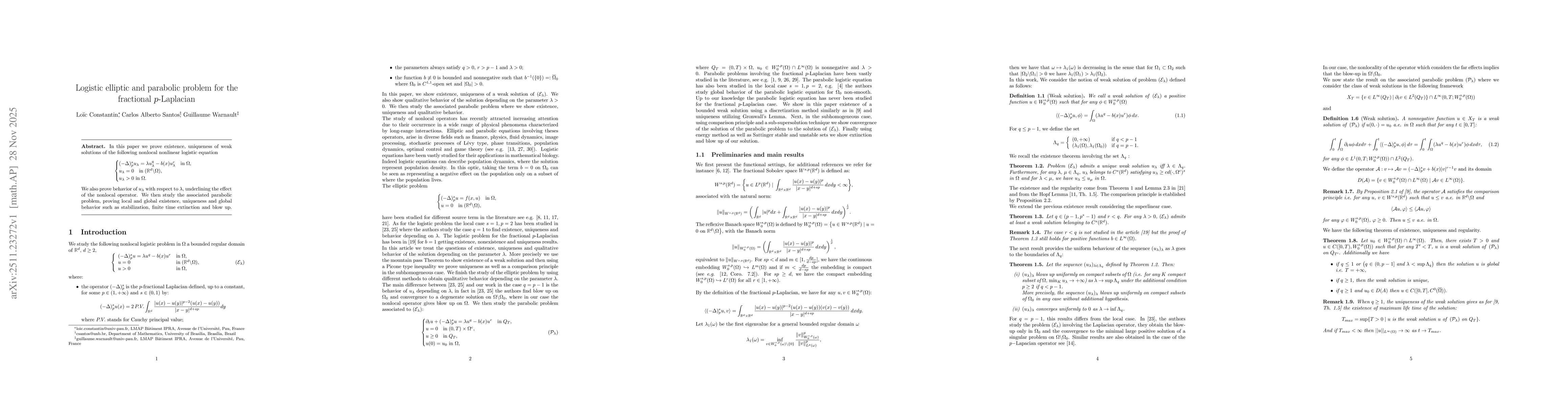 Thumbnail for Logistic elliptic and parabolic problem for the fractional $p$-Laplacian