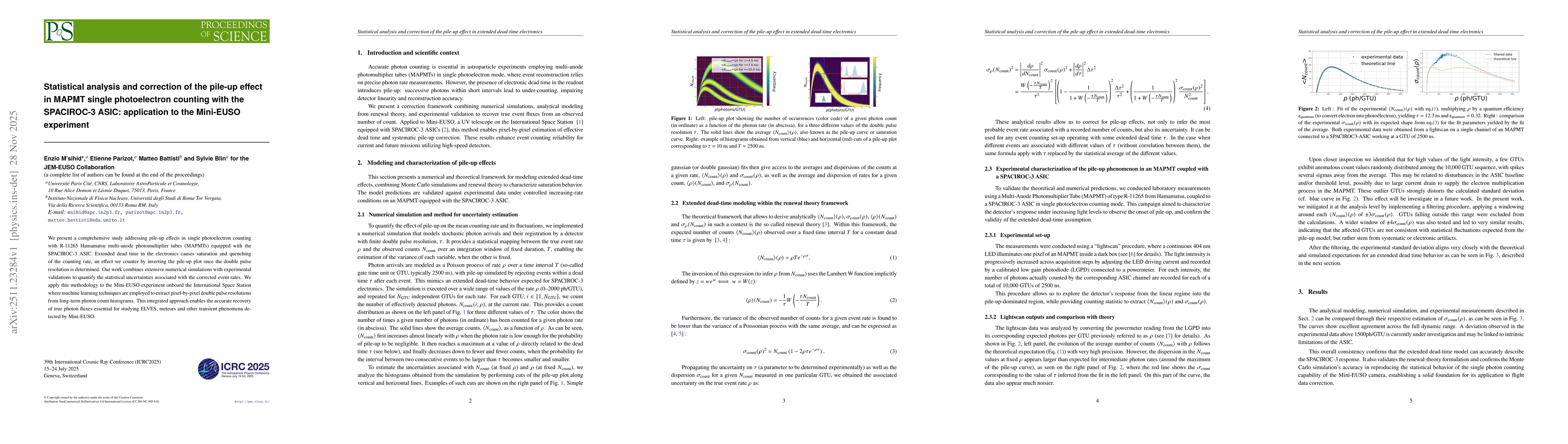 Thumbnail for Statistical analysis and correction of the pile-up effect in MAPMT single photoelectron counting with the SPACIROC-3 ASIC: application to the Mini-EUSO experiment