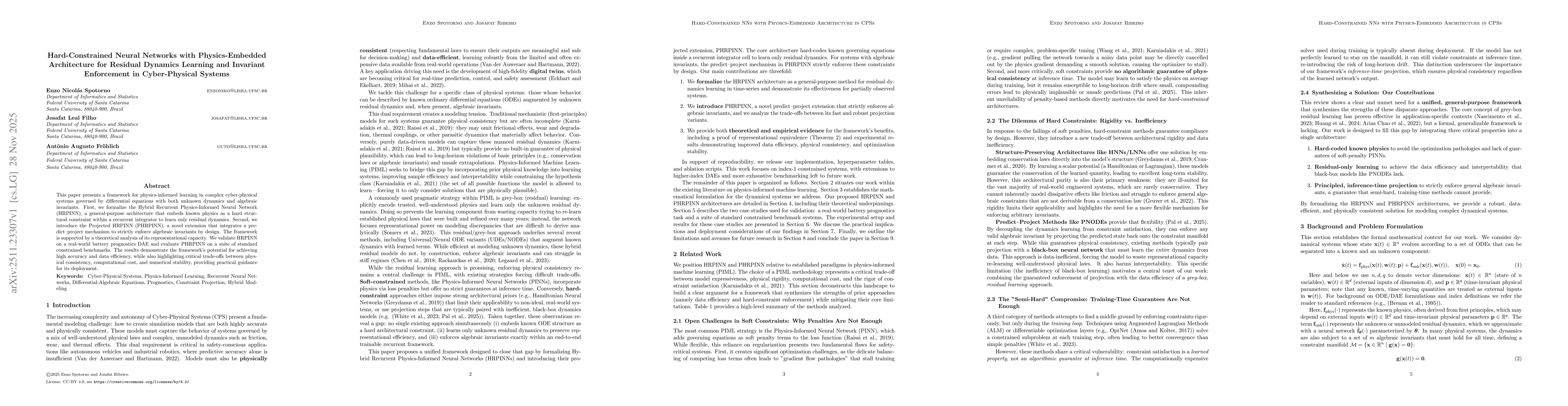Thumbnail for Hard-Constrained Neural Networks with Physics-Embedded Architecture for Residual Dynamics Learning and Invariant Enforcement in Cyber-Physical Systems