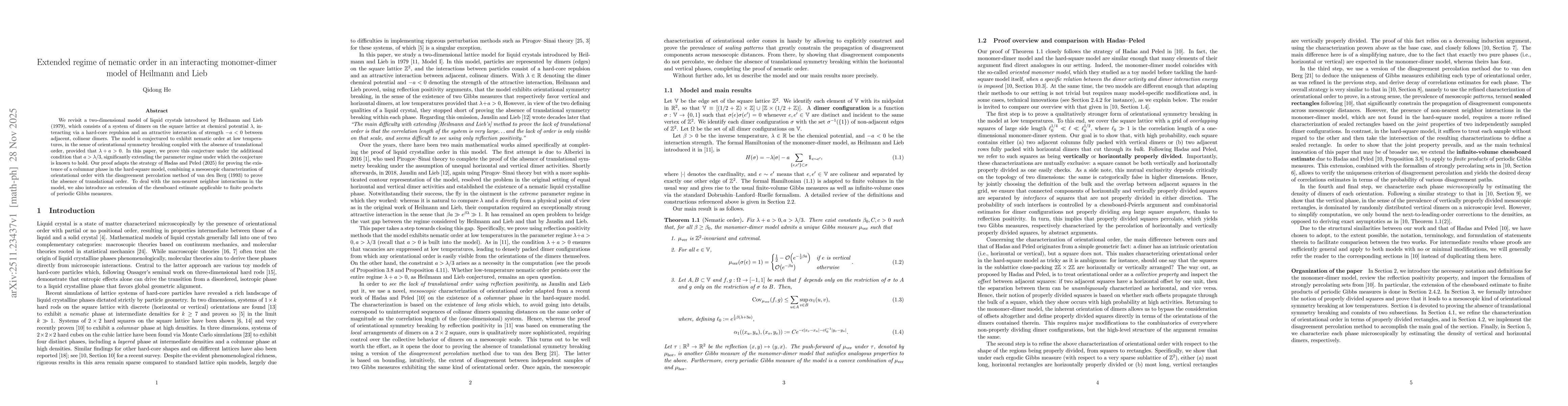 Thumbnail for Extended regime of nematic order in an interacting monomer-dimer model of Heilmann and Lieb