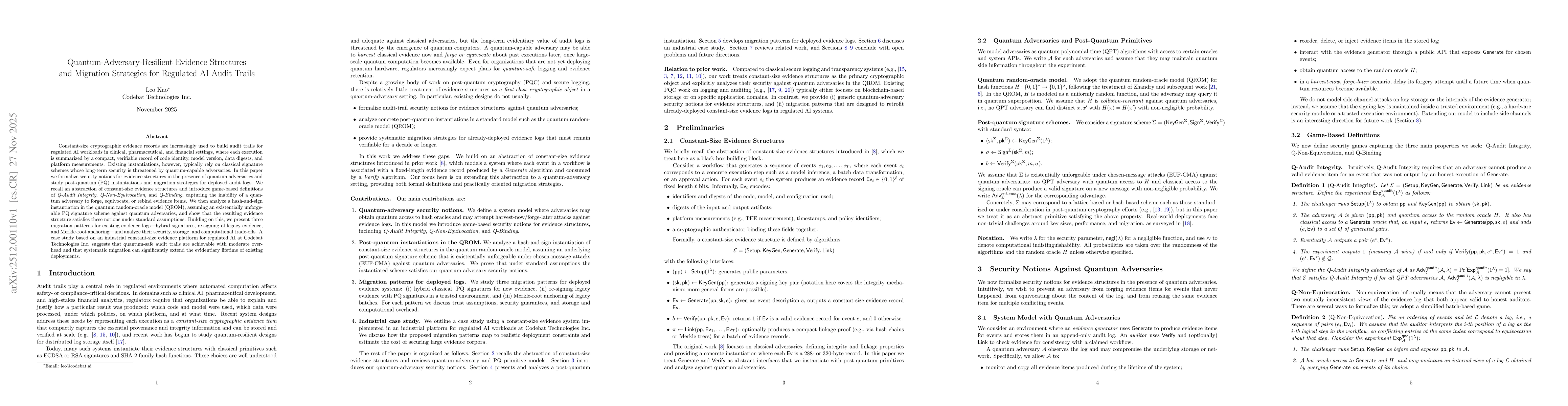 Thumbnail for Quantum-Adversary-Resilient Evidence Structures and Migration Strategies for Regulated AI Audit Trails