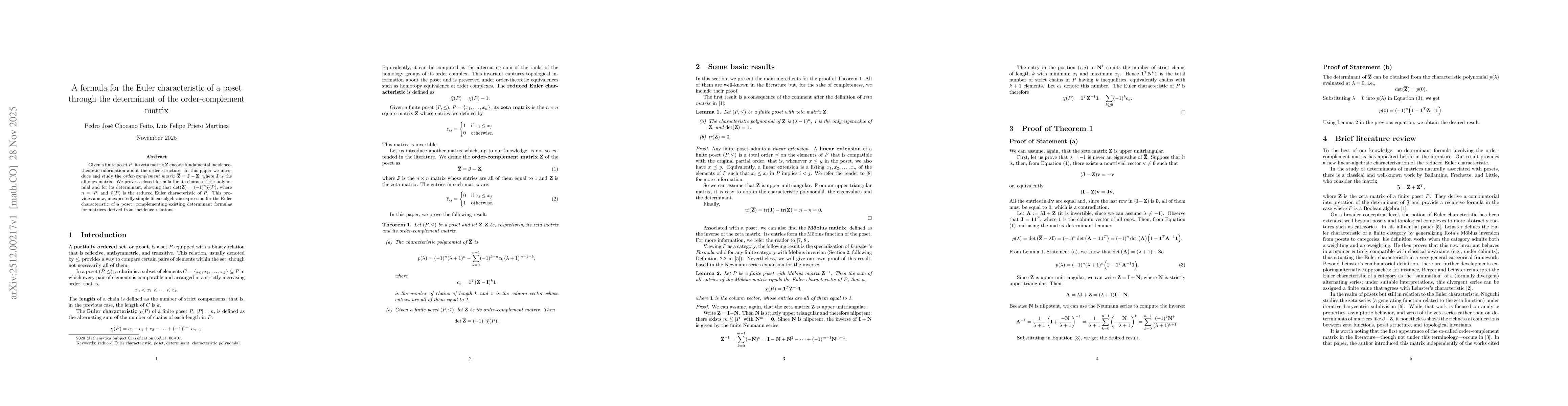 Thumbnail for A formula for the Euler characteristic of a poset through the determinant of the order-complement matrix