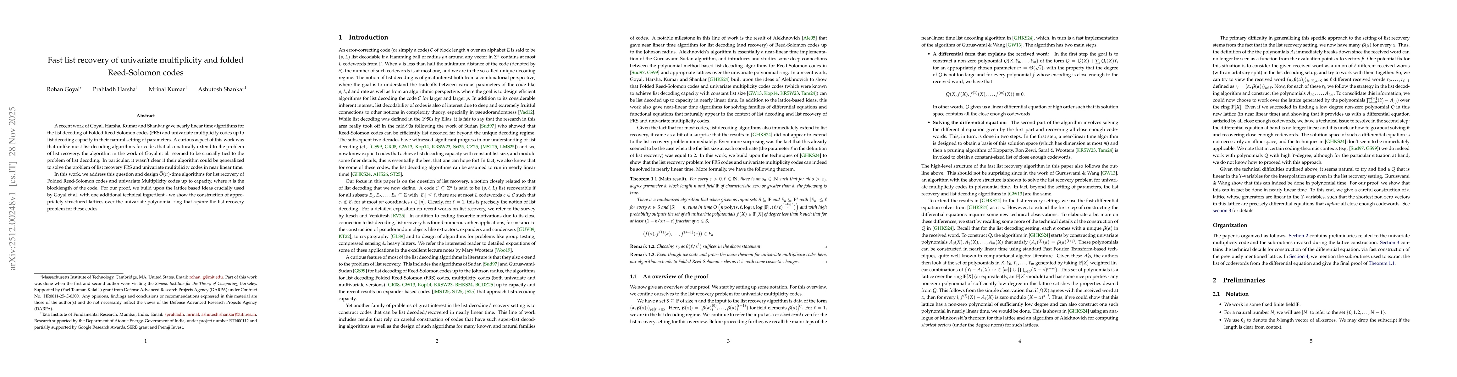 Thumbnail for Fast list recovery of univariate multiplicity and folded Reed-Solomon codes