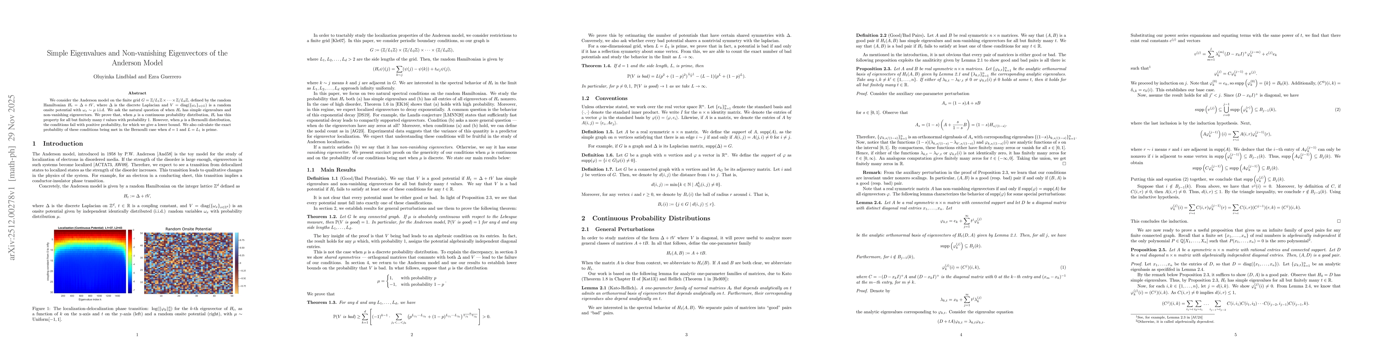 Thumbnail for Simple Eigenvalues and Non-vanishing Eigenvectors of the Anderson Model